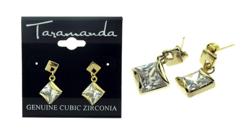 Gold tone cubic zirconia dangle earrings with a diamond shaped stone hanging from a diamond shaped post CZ28
