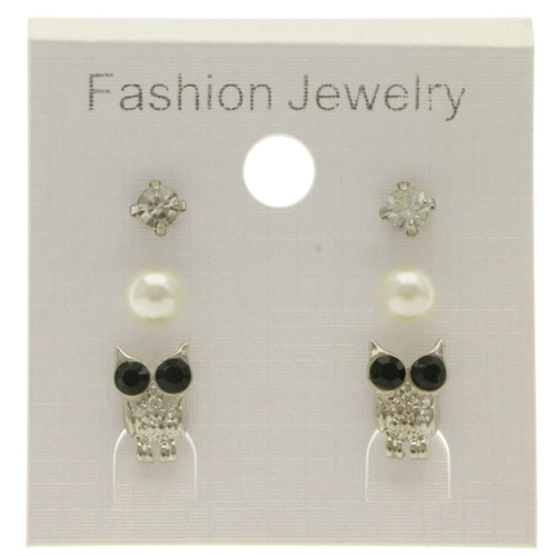 Owl Trio-Earrings With Crystal Accents Silver-Tone & Black 12 Per Package T1013A