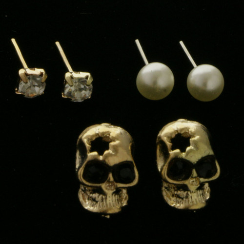 Skull Trio-Earrings With Crystal Accents Silver-Tone & Gold-Tone 12 Per Package T1017B