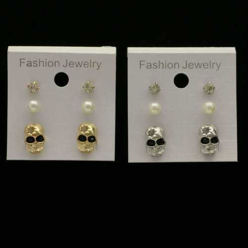 Skull Trio-Earrings With Crystal Accents Silver-Tone & Gold-Tone 12 Per Package T1017B