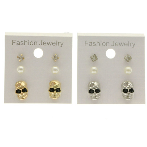 Skull Trio-Earrings With Crystal Accents Silver-Tone & Gold-Tone 12 Per Package T1017B