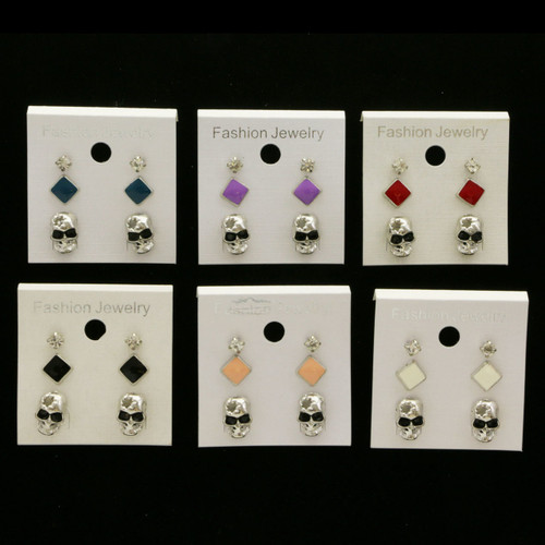 Skull Trio-Earrings Silver-Tone & Multi-Color 12 Per Package T1020C
