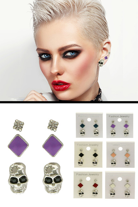 Skull Trio-Earrings Silver-Tone & Multi-Color 12 Per Package T1020C
