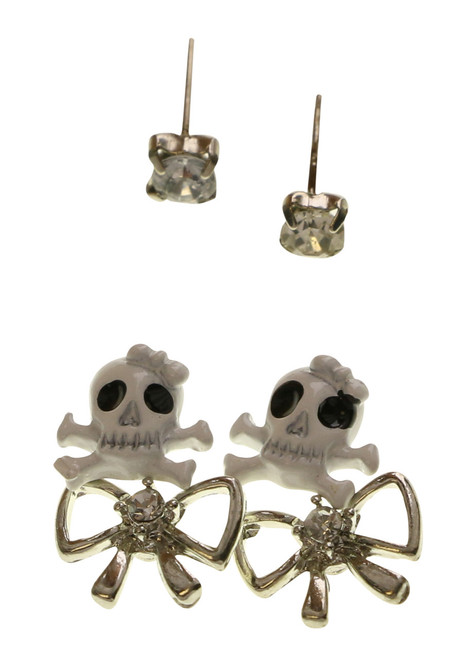Skull Bow Trio-Earring Set With Crystal Accents Multi-Color & Silver-Tone 12 Per Package T1022C