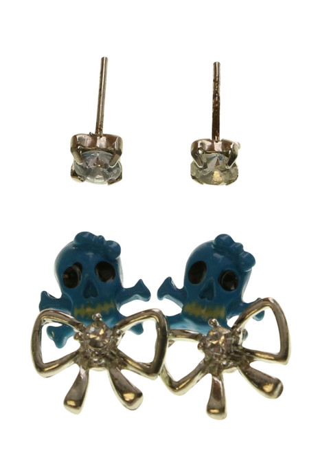 Skull Bow Trio-Earring Set With Crystal Accents Multi-Color & Silver-Tone 12 Per Package T1022C