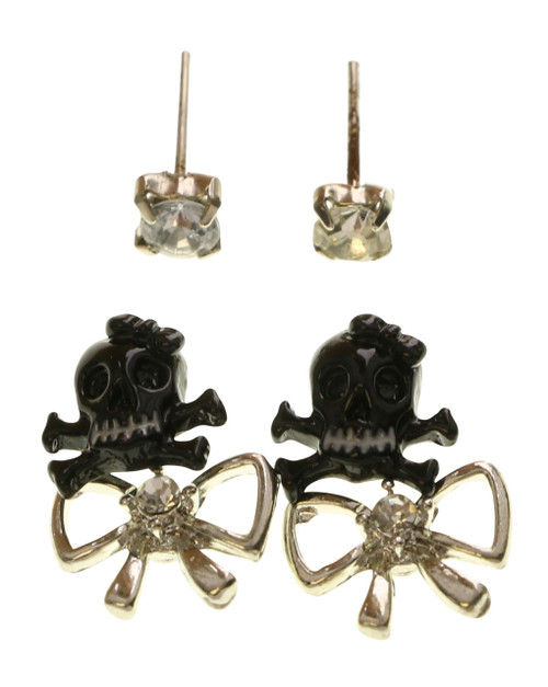 Skull Bow Trio-Earring Set With Crystal Accents Multi-Color & Silver-Tone 12 Per Package T1022C