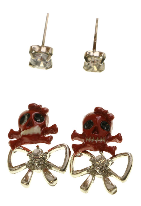 Skull Bow Trio-Earring Set With Crystal Accents Multi-Color & Silver-Tone 12 Per Package T1022C