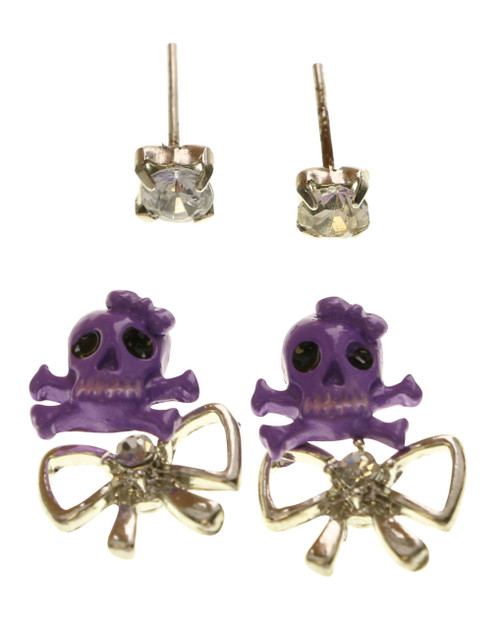 Skull Bow Trio-Earring Set With Crystal Accents Multi-Color & Silver-Tone 12 Per Package T1022C