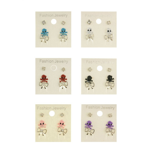 Skull Bow Trio-Earring Set With Crystal Accents Multi-Color & Silver-Tone 12 Per Package T1022C