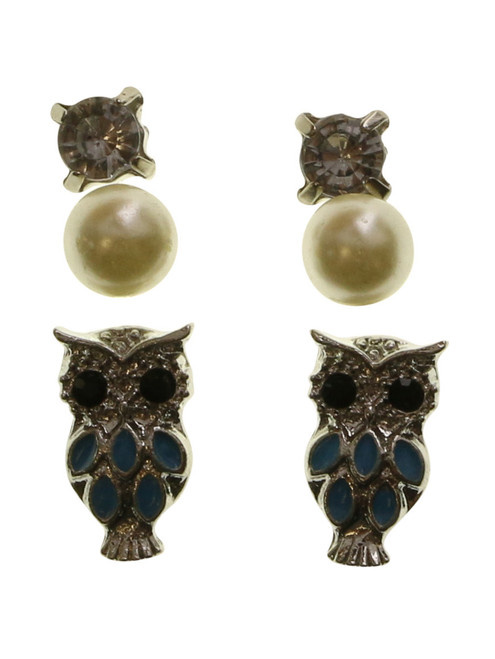 Owls Trio-Earring Set With Crystal Accents Multi-Color & Silver-Tone 12 Per Package T1024C