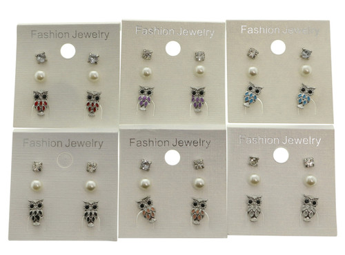 Owls Trio-Earring Set With Crystal Accents Multi-Color & Silver-Tone 12 Per Package T1024C