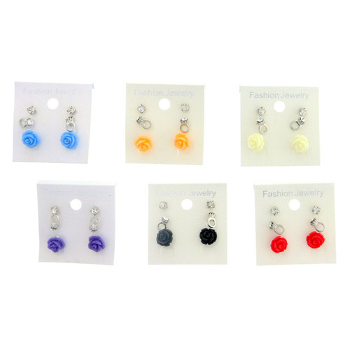 Rose Rings Trio-Earrings With Crystal Accents Silver-Tone & Multi-Color 12 Per Package T1025C