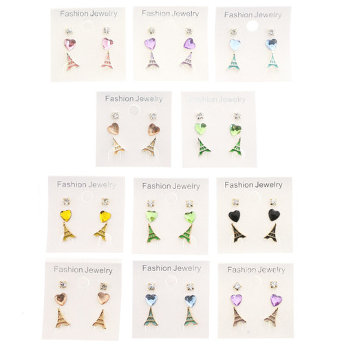 Heart Eiffel Tower Trio-Earring Set With Crystal Accents Multi-Color & Silver-Tone 12 Per Package T1151C