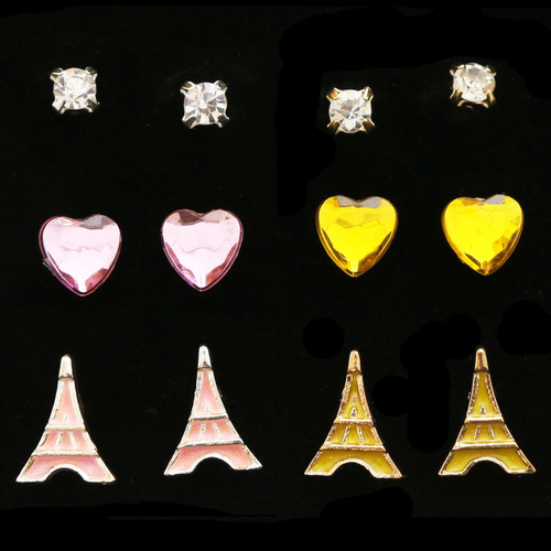 Heart Eiffel Tower Trio-Earring Set With Crystal Accents Multi-Color & Silver-Tone 12 Per Package T1151C