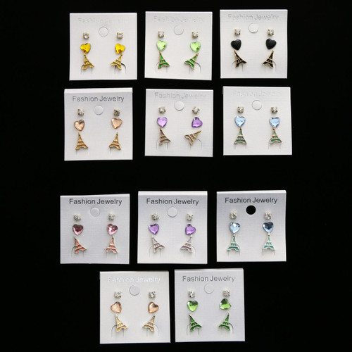 Heart Eiffel Tower Trio-Earring Set With Crystal Accents Multi-Color & Silver-Tone 12 Per Package T1151C
