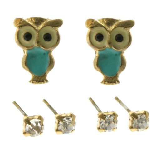 Owl Trio-Earrings With Crystal Accents Silver-Tone & Gold-Tone 12 Per Package T1185C