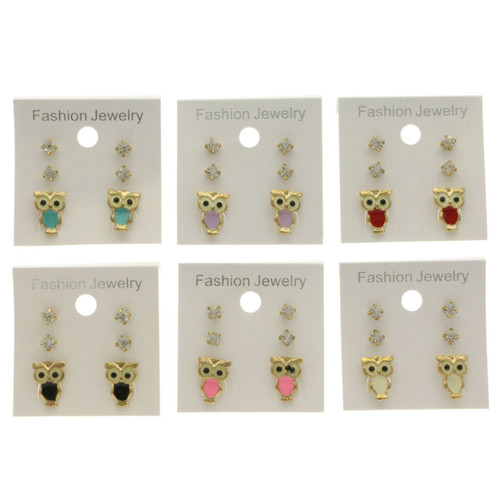 Owl Trio-Earrings With Crystal Accents Silver-Tone & Gold-Tone 12 Per Package T1185C
