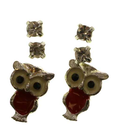 Owl Trio-Earrings With Crystal Accents Silver-Tone & Gold-Tone 12 Per Package T1185C