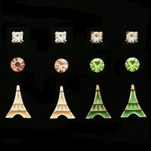 Eiffel Tower Trio-Earring Set With Crystal Accents Multi-Color & Silver-Tone 12 Per Package T1187C