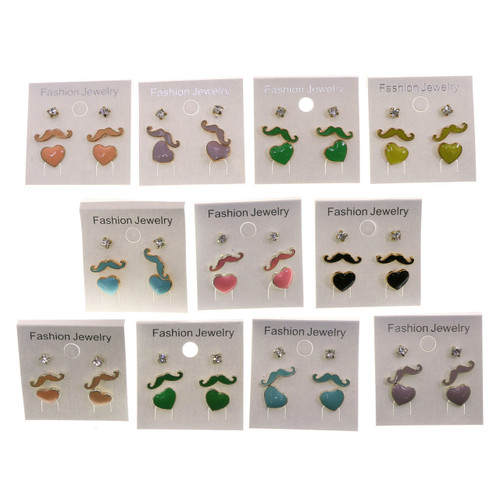 Heart Mustache Trio-Earring Set With Crystal Accents Multi-Color & Silver-Tone 12 Per Package T1201C