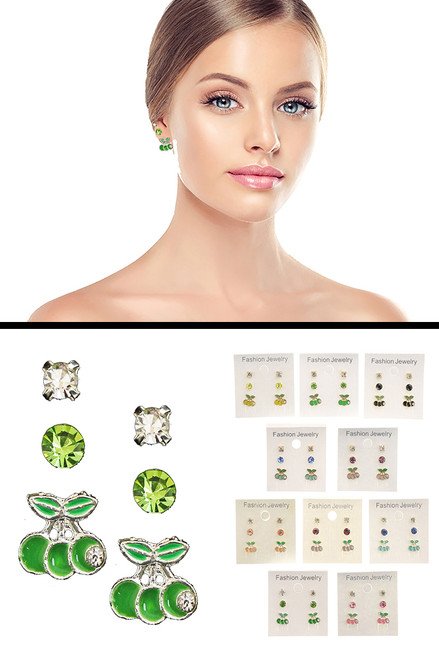 Cherries Trio-Earring Set With Crystal Accents Multi-Color & Gold-Tone 12 Per Package T1215C