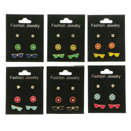 Sunglasses Flower Trio-Earrings Gold-Tone & Multi-Color 12 Per Package T173C