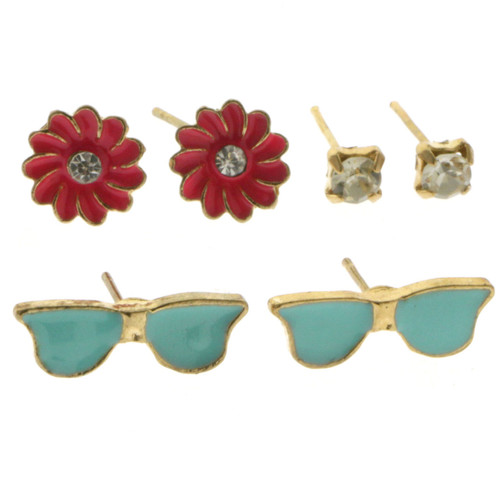 Sunglasses Flower Trio-Earrings Gold-Tone & Multi-Color 12 Per Package T173C