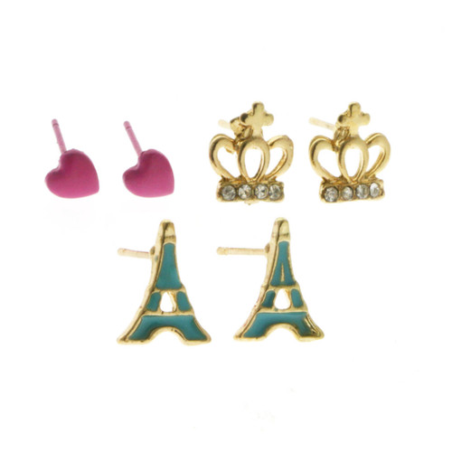 Hearts Crown Eiffel Tower Trio-Earrings With Crystal Accents Gold-Tone & Multi-Color 12 Per Package T230C
