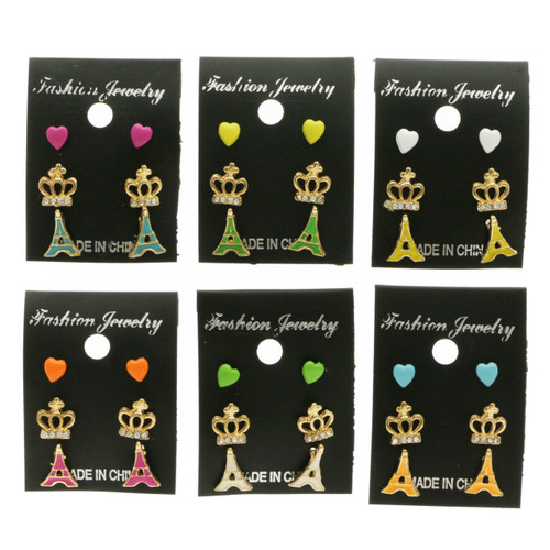 Hearts Crown Eiffel Tower Trio-Earrings With Crystal Accents Gold-Tone & Multi-Color 12 Per Package T230C