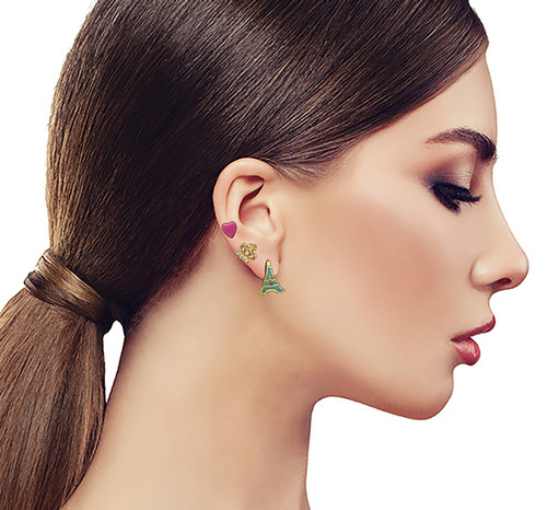 Hearts Crown Eiffel Tower Trio-Earrings With Crystal Accents Gold-Tone & Multi-Color 12 Per Package T230C