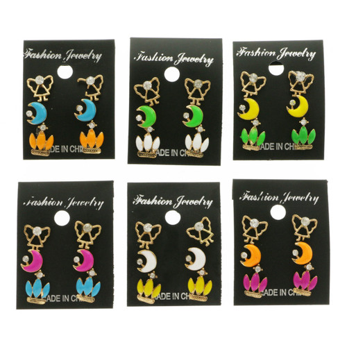 Angel Moon Crown Trio-Earrings With Crystal Accents Gold-Tone & Multi-Color 12 Per Package T231C