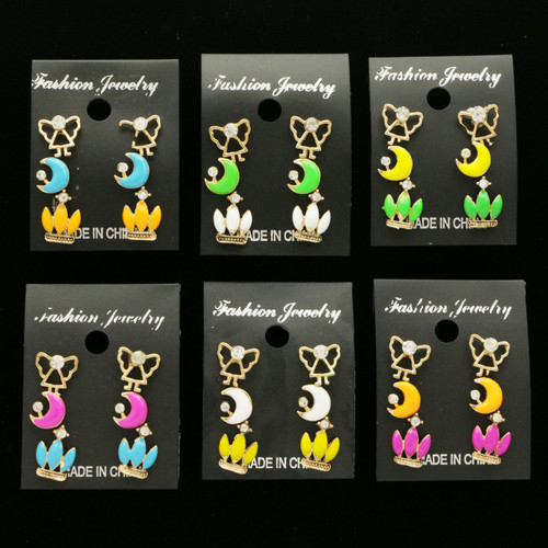 Angel Moon Crown Trio-Earrings With Crystal Accents Gold-Tone & Multi-Color 12 Per Package T231C