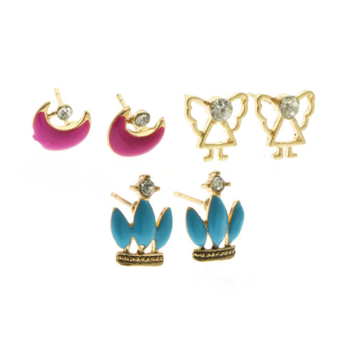 Nautical Themed Trio-Earrings With Crystal Accents Gold-Tone & Multi-Color 12 Per Package T232