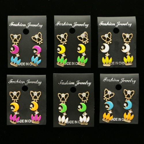 Nautical Themed Trio-Earrings With Crystal Accents Gold-Tone & Multi-Color 12 Per Package T232