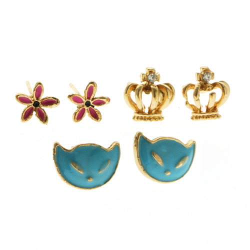 Cat Crown Flower Trio-Earrings Gold-Tone & Multi-Color 12 Per Package T234C