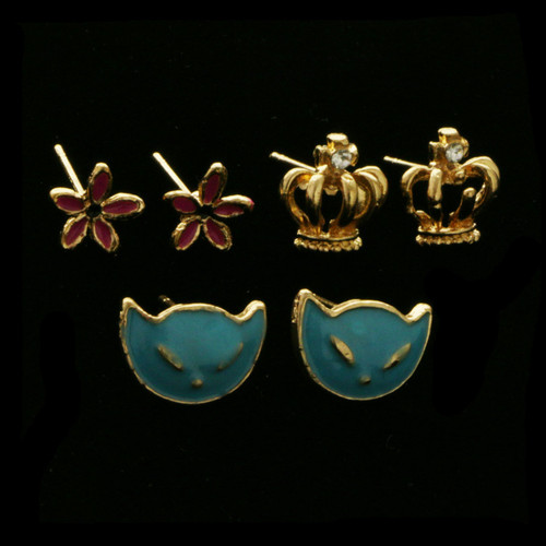 Cat Crown Flower Trio-Earrings Gold-Tone & Multi-Color 12 Per Package T234C