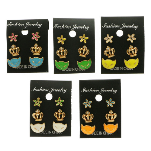Cat Crown Flower Trio-Earrings Gold-Tone & Multi-Color 12 Per Package T234C