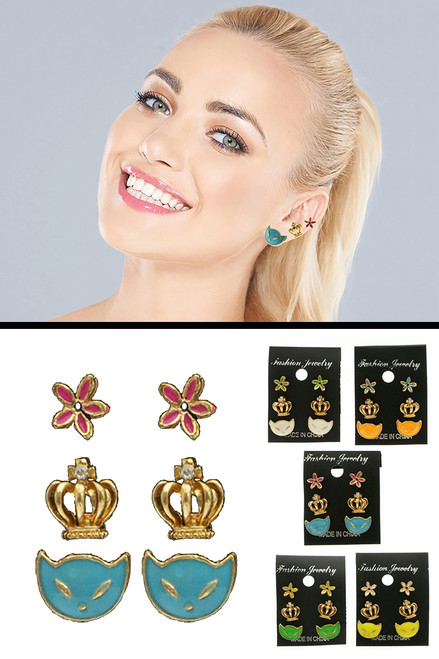 Cat Crown Flower Trio-Earrings Gold-Tone & Multi-Color 12 Per Package T234C