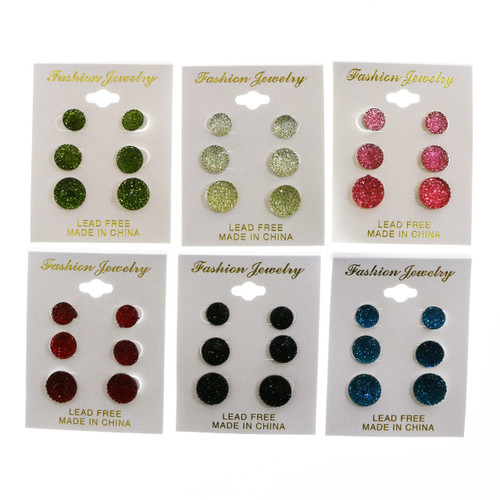 Silver-Tone & Multi-Color Acrylic Trio-Earrings 12 Per Package T8405C
