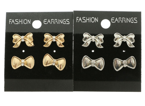 Bow Multiple-Earring-Set With Crystal Accents Silver-Tone & Gold-Tone 12 Per Package ME085B