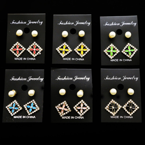 Flower Multiple-Earring-Set With Crystal Accents Multi-Color & White 12 Per Package ME284C