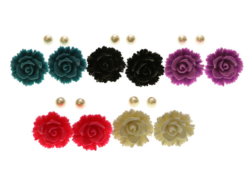 Flower Multiple-Earring-Set With Bead Accents Multi-Color & White 12 Per Package ME28C