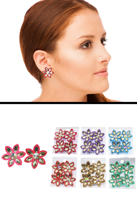 Flower AB Finish Multiple-Earring-Set With Crystal Accents Multi-Color & Silver-Tone 12 Per Package ME4178C