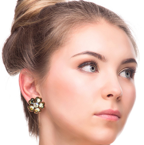 Flower Heart Petals AB Finish Multiple-Earring-Set With Crystal Accents Tri-Tone 12 Per Package ME4179