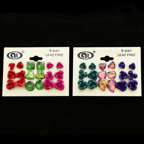 Heart Flower Multiple-Earring-Set  With Faceted Accents Multi-Color 12 Per Package ME4219C
