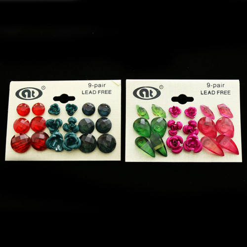 Assorted Shapes Flower Multiple-Earring-Set  With Faceted Accents Multi-Color 12 Per Package ME4220C