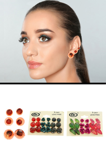 Assorted Shapes Flower Multiple-Earring-Set  With Faceted Accents Multi-Color 12 Per Package ME4220C
