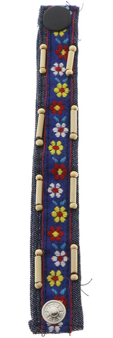 Wooden Bead Ribbon Accent Denim Strap Bracelet Blue - B2