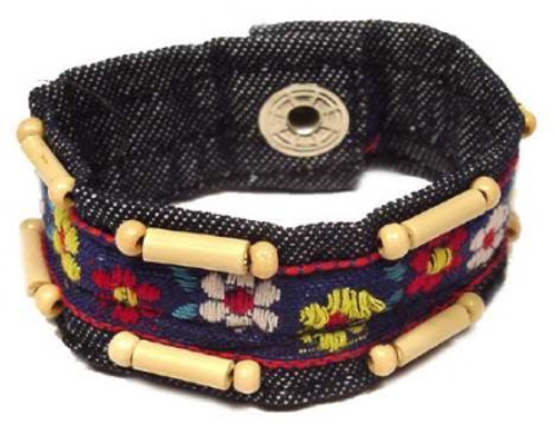 Wooden Bead Ribbon Accent Denim Strap Bracelet Blue - B2 Wooden Bead Ribbon Accent Denim Strap Bracelet Blue - B2