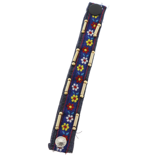 Wooden Bead Ribbon Accent Denim Strap Bracelet Blue - B2